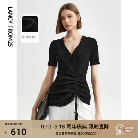 朗姿冰丝薄款设计感v领黑色上衣针织短袖女2023夏季新款毛针织衫商品大图