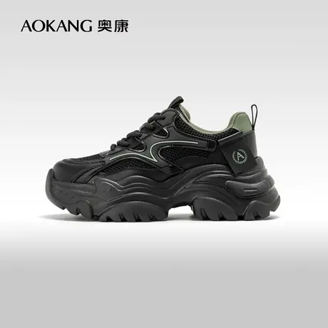 奥康女鞋 2024春季新款透气网面黑色老爹鞋系带圆头厚底休闲鞋图片