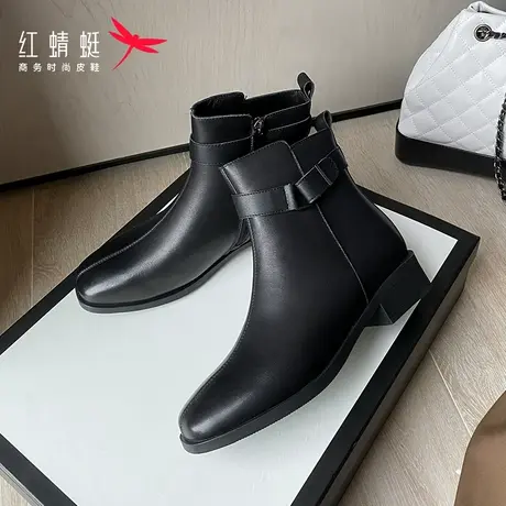 红蜻蜓女鞋真皮短靴女2023冬季款切尔西靴粗跟女靴子妈妈女棉鞋商品大图