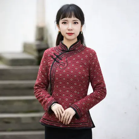 筠雅唐装女中国风加厚保暖棉袄旗袍上衣秋冬棉麻长袖盘扣中式女装商品大图