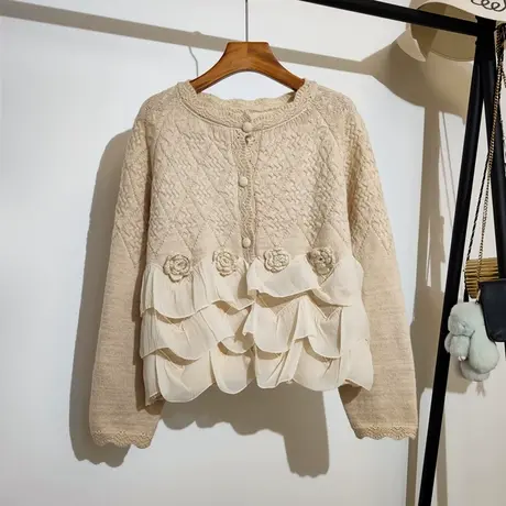 温柔风针织开衫外套秋冬新款韩版宽松圆领气质百搭长袖短款毛衣女商品大图