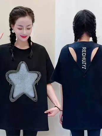 镶钻五角星t恤女中长款2023新款夏宽松休闲韩版时尚显瘦半袖上衣商品大图
