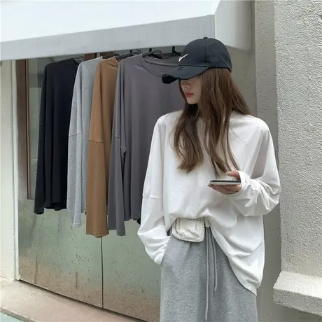白色长袖t恤女装ins潮2023年新款韩版宽松早春秋上衣服内搭打底衫图片