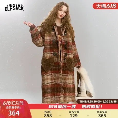 妖精的口袋格子复古毛领呢子大衣女2024冬季新款牛角扣仿毛呢外套图片