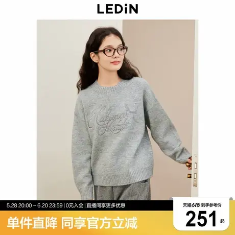 乐町韩系圆领线套衫女冬季新款精致绣花毛衣宽松上衣图片