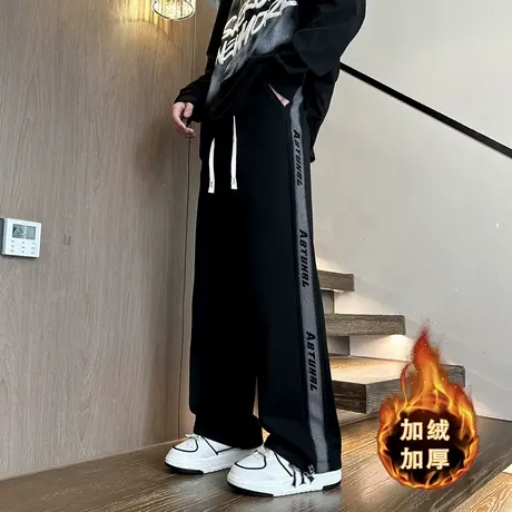秋冬季青少年男裤子2025新款加绒加厚初中学生宽松大童潮牌运动裤商品大图