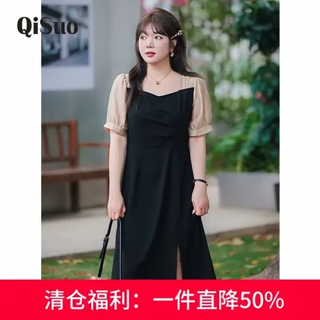 显瘦大码连衣裙短袖夏装新款胖妹妹气质收腰小心机设计感开衩长裙图片
