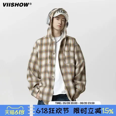 VIISHOW格子长袖衬衫男25春季新款美式复古宽松潮牌衬衣连帽外套图片
