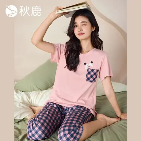 秋鹿柔软丝滑纯棉抑菌睡衣女2025夏季新款短袖格子七分裤家居服商品大图