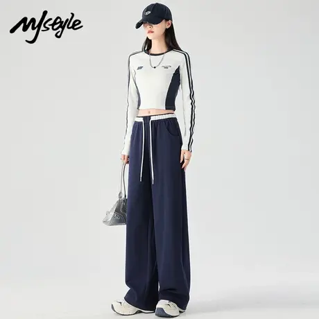 MJ STYLE撞色拼接运动裤女夏季小个子慵懒抽绳休闲高腰窄版阔腿裤图片