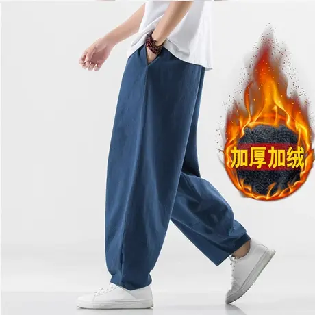 加绒加厚中国风男休闲裤宽松亚麻加肥加大码复古男装保暖灯笼裤冬图片