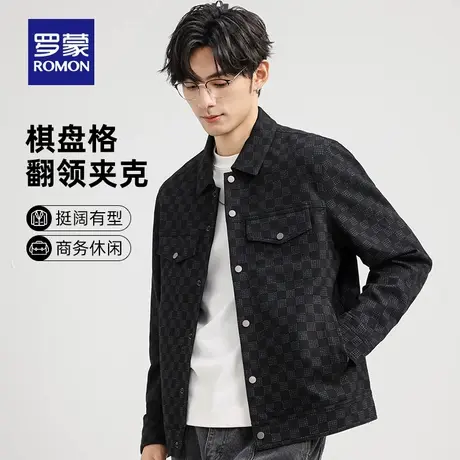 罗蒙男士潮流百搭翻领格子短款夹克衫2025秋季新款休闲工装外套男商品大图