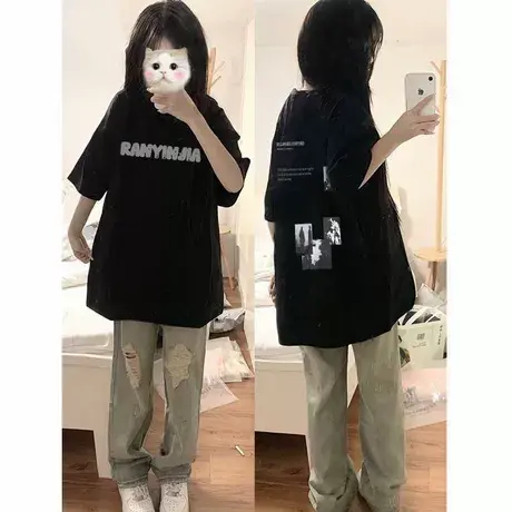 100%纯棉法式慵懒风潮流个性小众印花短袖t恤黑色显瘦百搭ins上衣商品大图
