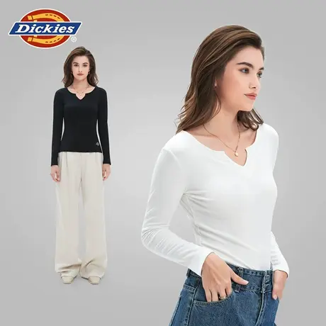 Dickies白色打底衫女款2025新款秋小V领舒适潮流上衣女士内搭t恤商品大图