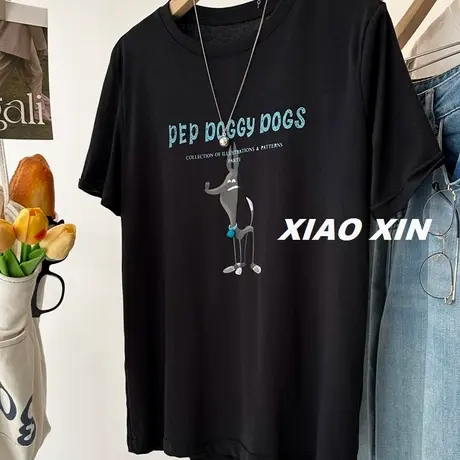 超柔棉款~韩国好看蓝色吊坠小狐狸印花短袖T恤女夏季薄料休闲上衣商品大图