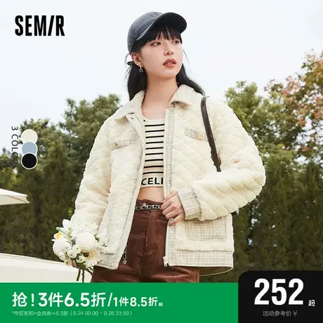 [预售]森马外套女拼接仿羊羔毛菱形格2022冬新款优雅宽松冬装小香商品大图
