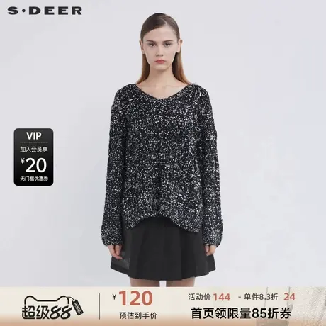 sdeer圣迪奥女装罗纹V领撞色钩花不规则针织衫S21483527商品大图