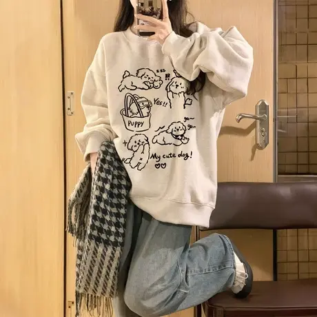 无帽卫衣女秋冬季小个子韩系慵懒风加绒加厚oversize美式高街上衣商品大图
