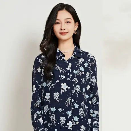Q新款上衣女长小蓝袖碎花衬衫复古通勤立领单排扣衬衣图片