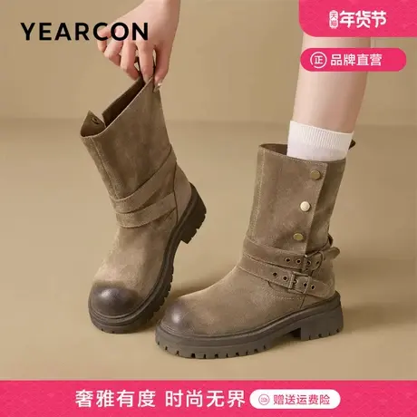 意尔康西部靴2025新款秋冬复古中筒靴短靴美拉德小个子粗跟马丁靴图片