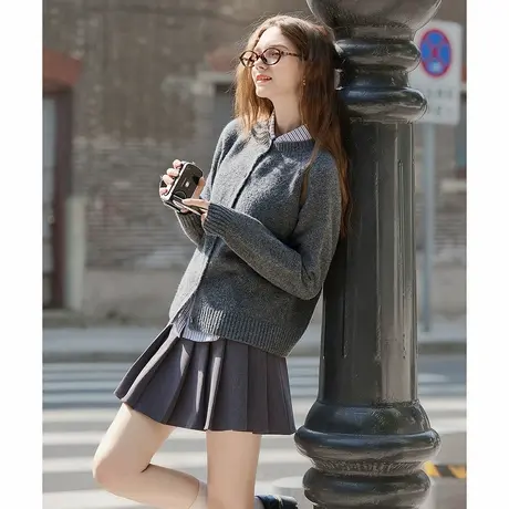 yoe秋冬季韩风毛衣外套女纯色圆领毛线衫开衫深灰休闲宽松tuTA图片