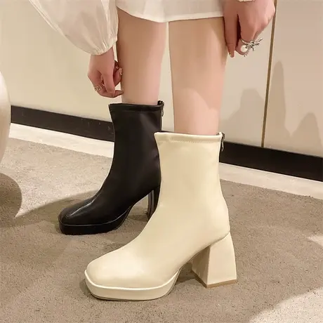方头白色高跟短靴女秋季厚底马丁靴粗跟弹力靴防水台小踝靴瘦瘦靴商品大图