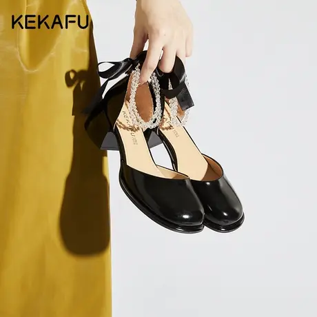 珂卡芙玛丽珍鞋2023夏季新款粗跟单鞋法式高跟鞋女珍珠包头凉鞋女商品大图