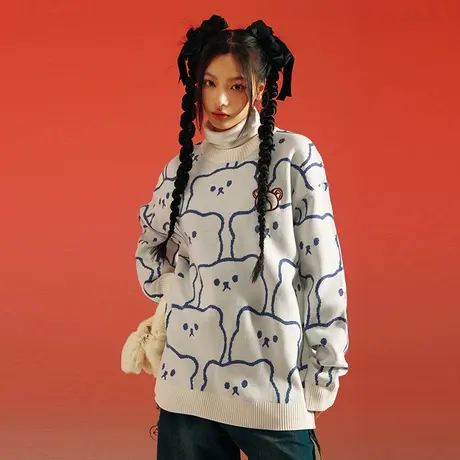 Nuthink国潮高街小熊毛衣男女同款潮牌ins春季宽松加厚情侣针织衫图片