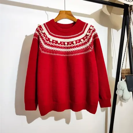红色毛衣女宽松套头秋冬2023新款宽松休闲百搭长袖针织衫上衣外穿商品大图