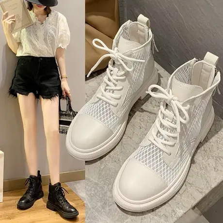 马丁靴女2023年新款夏季薄款透气英伦风高帮凉鞋网格镂空网纱靴子商品大图