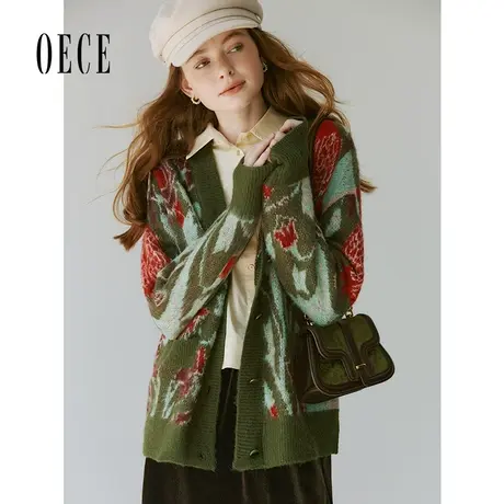 【双11新品】Oece复古设计感开衫女2023秋冬季新款气质毛衣外套图片
