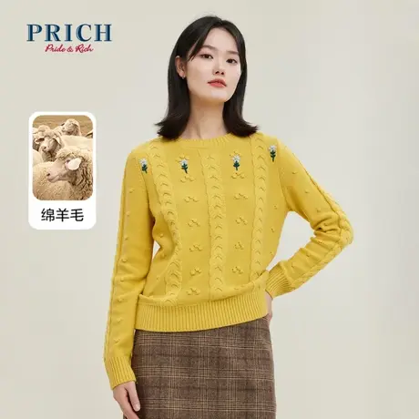 PRICH针织衫新品秋冬新款含绵羊毛绞花短款宽松慵懒风毛衣女商品大图