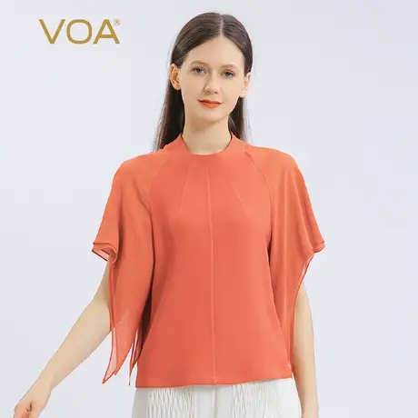 VOA60姆米真丝长空枫叶红圆领五分荷叶袖背部拉链极简主义桑蚕丝T图片