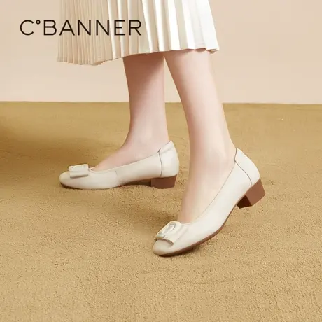 千百度温柔风鞋子春季新款单鞋小香风休闲真皮女鞋粗跟浅口气质商品大图