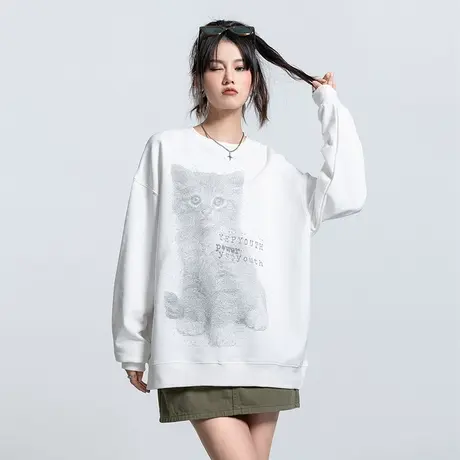 YEP猫咪印花白色卫衣女ins潮设计感小众oversize加绒套头圆领上衣图片