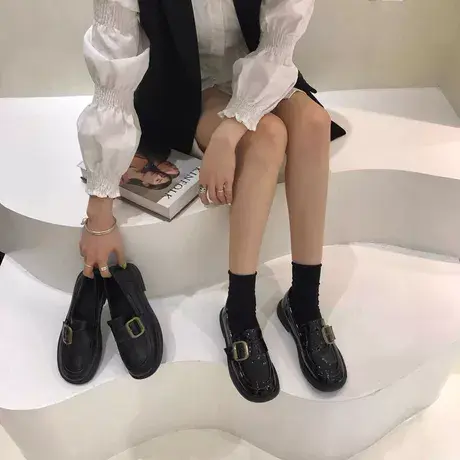 英伦风小皮鞋女2023新款秋季法式复古厚底单鞋低跟黑色真皮乐福鞋商品大图
