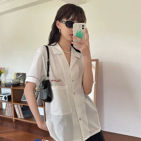 omont蛋挞家 短袖衬衫女2022夏季新款古巴领设计感宽松白衬衣上衣商品大图