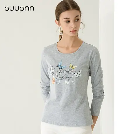 中年女土长袖t恤新款女上衣带胸垫防凸点印花棉质秋季打底衫图片