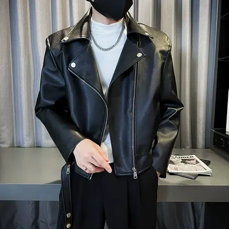 皮衣外套男秋冬新款美式个性痞帅短款炸街重磅翻领机车服夹克上衣图片