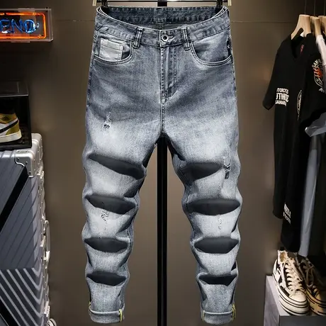 夏天灰色潮牌牛仔裤男直筒宽松百搭九分裤子男韩版潮流学生弹性款商品大图