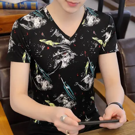 短袖T恤男夏装V领汗衫休闲半袖大童卡通卫衣个性小衫夏季冰丝男装商品大图