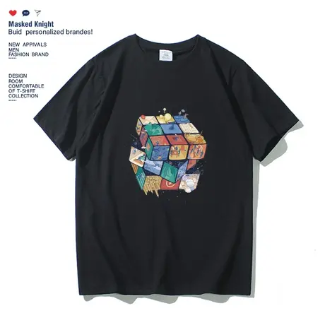 港风潮牌夏季卡通魔方印花短袖t恤男青少年学生宽松纯棉圆领体恤图片