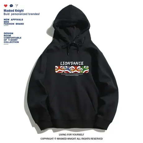 秋冬季新款国潮醒狮子印花卫衣男青少年中国风加绒宽松休闲帽衫商品大图