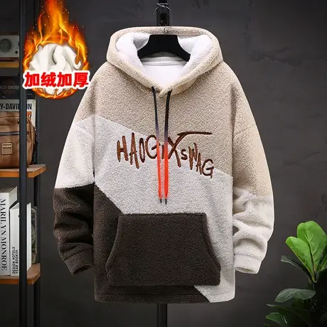 秋冬季加绒加厚卫衣男青少年帅气男装2023年新款羊羔毛绒连帽外套商品大图