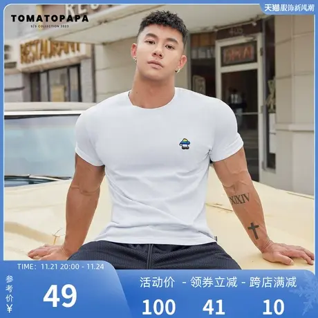 TOMATOPAPA原创短袖新款2023夏季小熊刺绣健身百搭运动男子上衣商品大图