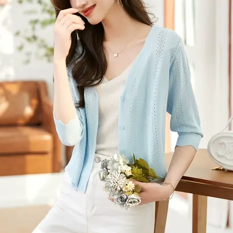 时尚气质显瘦针织开衫2023年夏季新款淑女温柔甜美百搭通勤上衣商品大图