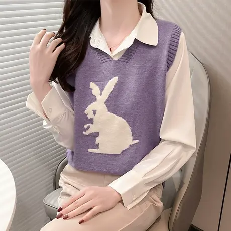 小个子紫色卡通提花针织马甲女秋装2023新款叠穿宽松外搭坎肩背心图片