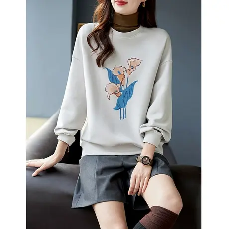 宝诗黎圆领印花落肩长袖卫衣女棉质宽松钉珠套头上衣2024春季新款商品大图