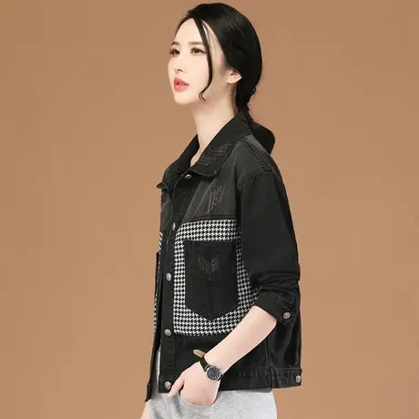 韩潮袭人千鸟格牛仔短外套女2023春秋新款显瘦拼接刺绣棒球服夹克图片