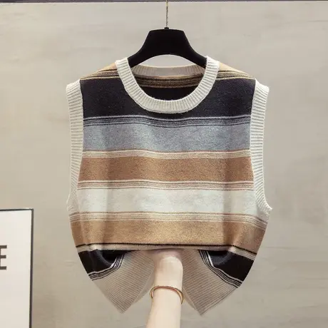 条纹圆领针织马甲背心女2023秋装新款宽松外穿上衣叠穿毛衣坎肩潮商品大图
